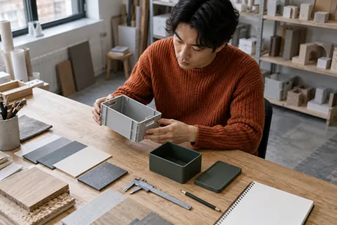 Designer sammenligner materialer og opbevaringskasser ved et arbejdsbord