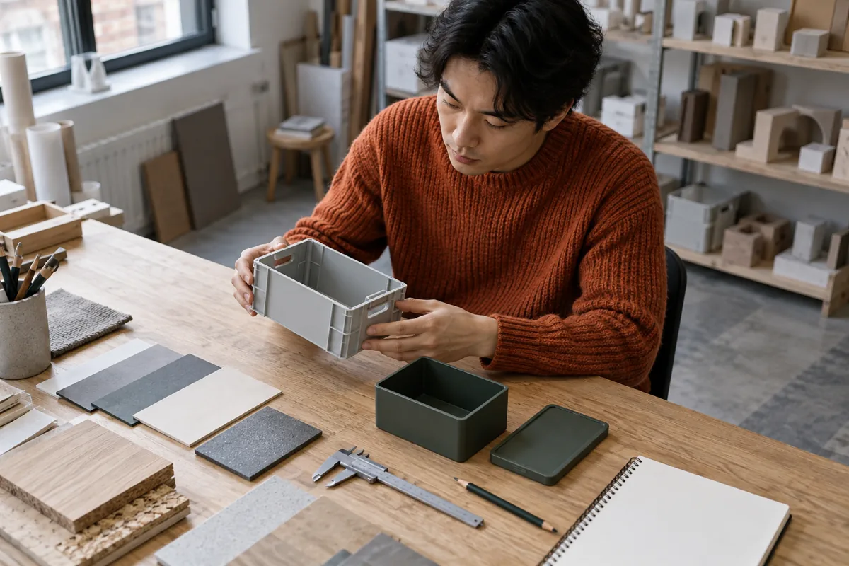 Designer sammenligner materialer og opbevaringskasser ved et arbejdsbord