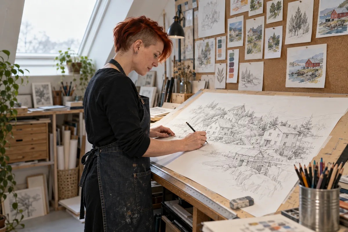 Illustrator arbejder med en skitse og farveprøver i et atelier