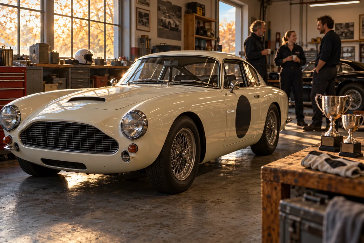 Klassisk racerbil i en garage med pokaler og et arbejdsteam i baggrunden