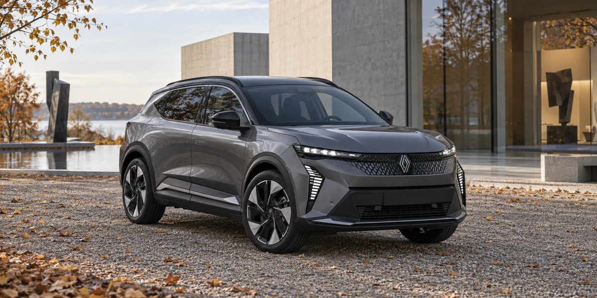 Grå Renault Scenic E-Tech ved moderne arkitektur